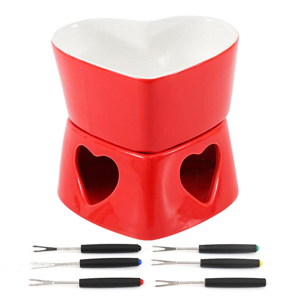 SAXTZDS Ceramic Fondue Pot Set - Chocolate & Cheese Melting Pot with Candle/Stove Heating, Heart-Shaped Design for Romantic Dinners & Party Entertaining