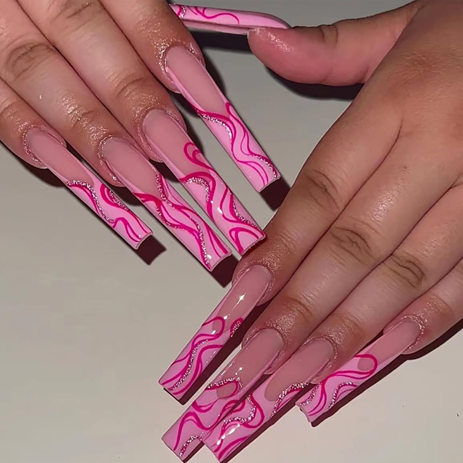 Valentine's Day Press on Nails - Extra Long Square French Tips with Glitter Pink Wave Designs | Glossy Squoval Fake Nails for Women | Full Cover Gel Glue on Nails | Perfect for Date Night, Parties & Special Occasions