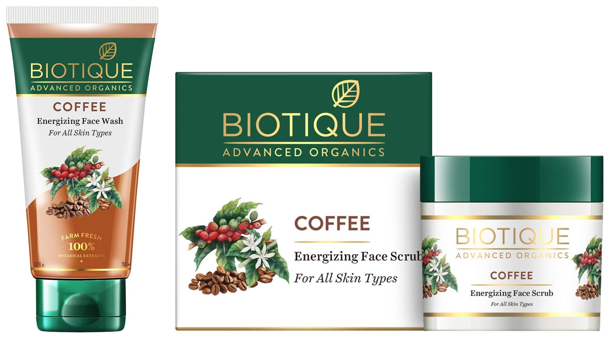 Biotique Coffee Energizing Face Wash 150ml - Purifying Facial Cleanser for Glowing Skin, Unclogs Pores & Refreshes | Daily Skincare Routine for Men & Women    Biotique Coffee Energizing Face Scrub 50g - Deep Exfoliating Scrub for Blackhead & Whitehead Removal, Brightens Dull Skin | Perfect for Weekly Detox & Smooth Complexion
