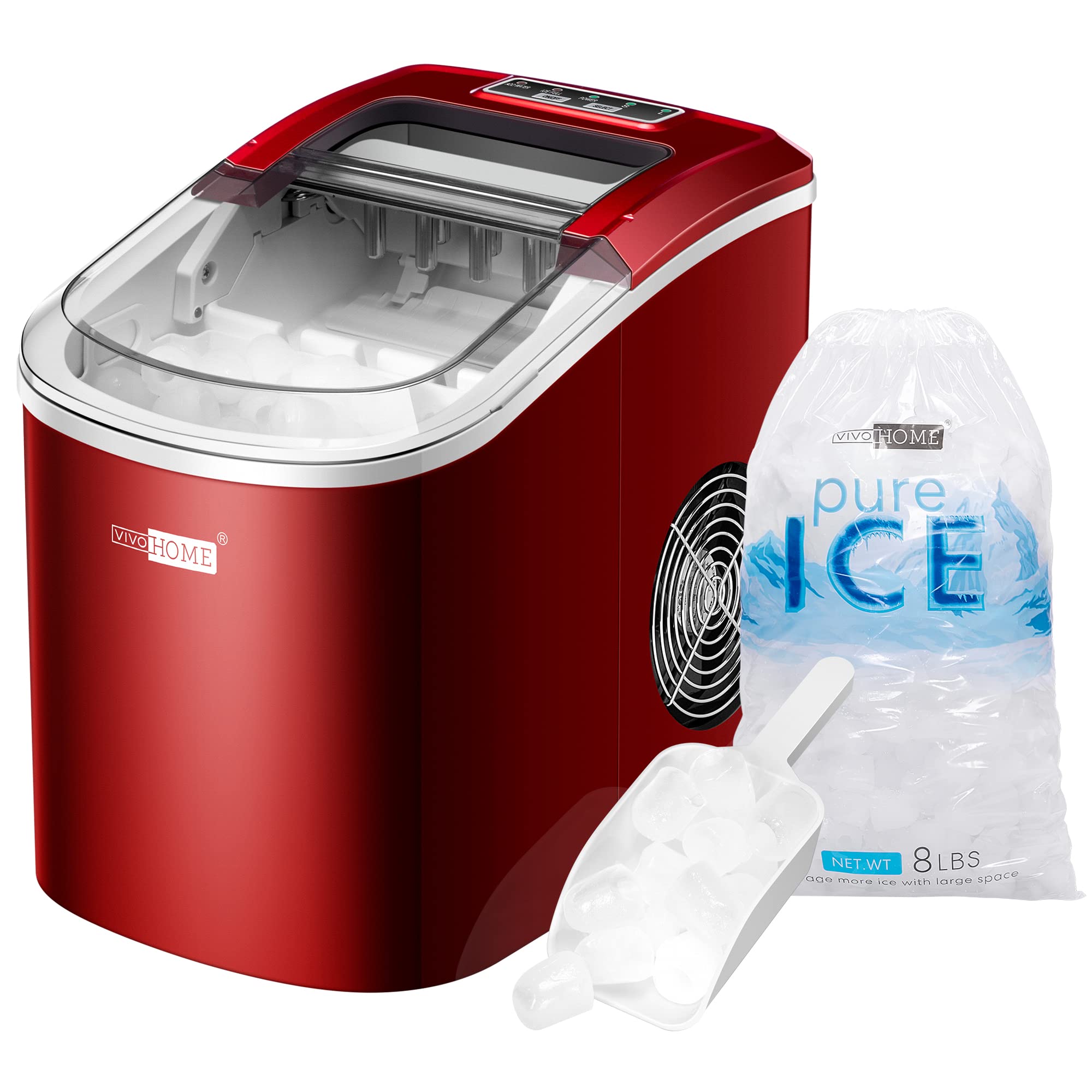 VIVOHOME 27lbs/Day Portable Ice Maker Machine - Compact Countertop Automatic Ice Cube Maker with Self-Cleaning Function, Includes Hand Scoop & 10 Ice Bags - Perfect for Home, Office, Parties, RV & Outdoor Use (Red)