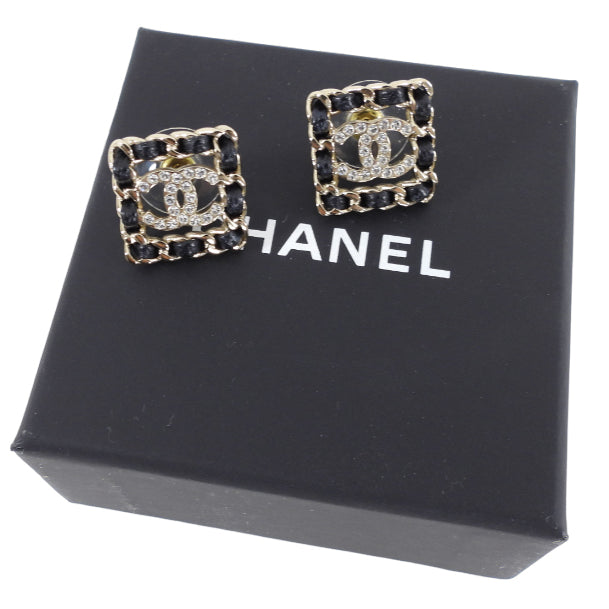 Chanel 21B Light Gold Square Leather Braid CC Crystal Earrings for Women - Luxury Fashion Jewelry Gift for Party, Wedding & Special Occasions