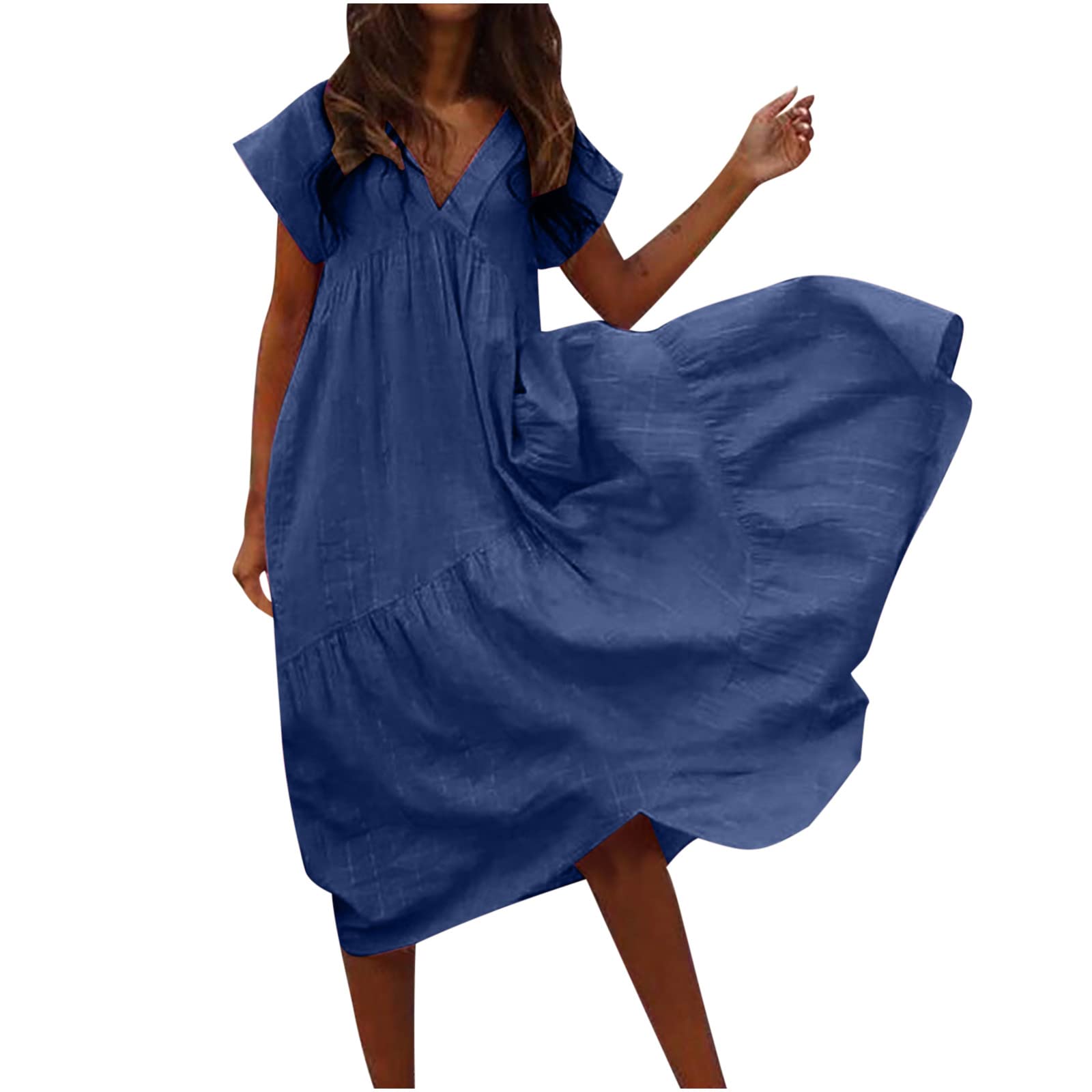 Women's Summer Sundress - Casual V-Neck Short Sleeve High Waist Flowy Dress with Pockets | Beach Cover Up, Vacation Outfit, Garden Party Dress, Daytime Date Look