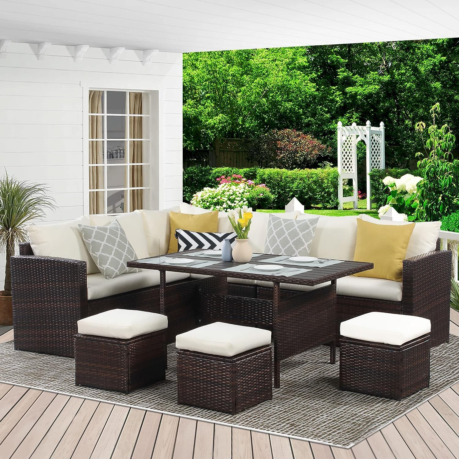 7-Piece Wisteria Lane Outdoor Patio Furniture Set - All-Weather Wicker Sectional Sofa with Dining Table, Chairs & Ottoman in Brown | Perfect for Backyard Dining, Poolside Lounging & Garden Conversations