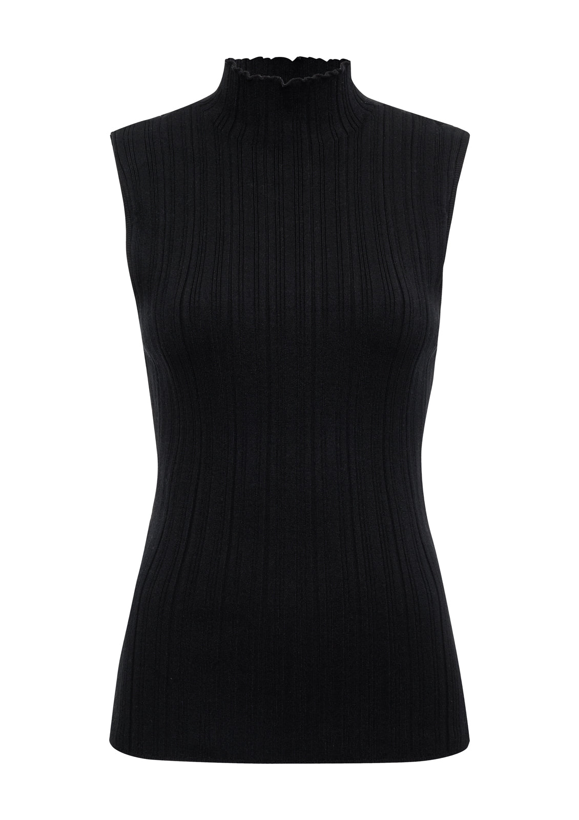 Ribbed Funnel Neck Long Sleeve T-Shirt for Women - Black | Slim Fit Stretch Cotton Top | Perfect for Layering, Office Wear & Casual Outfits