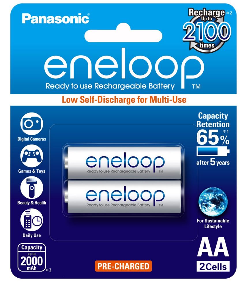 Panasonic Eneloop AA Rechargeable Batteries 2-Pack - High Capacity Ni-MH Pre-Charged Batteries for Digital Cameras, Flashlights & Wireless Devices - Perfect for Home, Office & Travel Use
