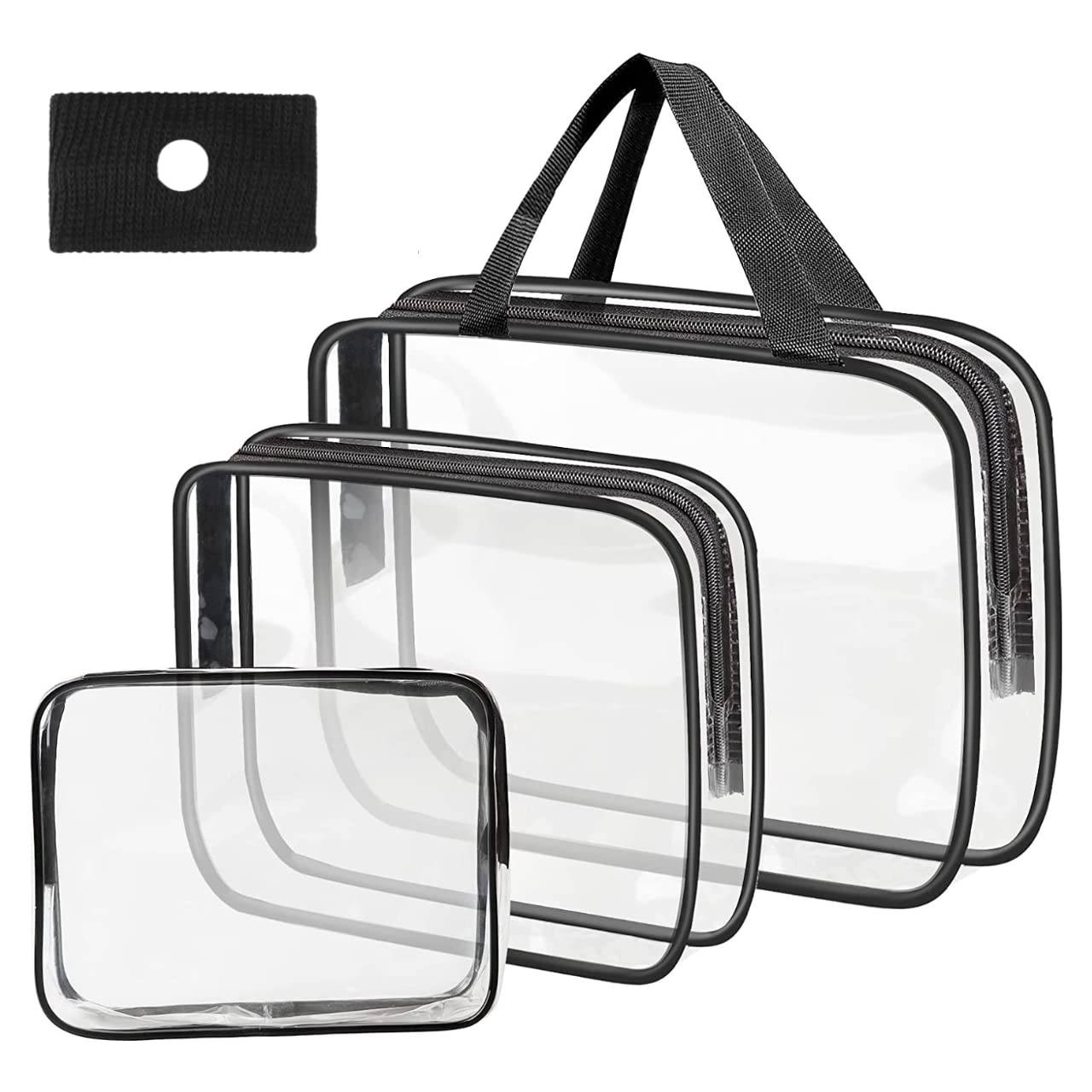 GLAMZA® 3-Piece Clear PVC Travel Toiletries Bag Set - Small, Medium & Large Cosmetic Organizer for Makeup, Skincare & Essentials | Perfect for Airplane Carry-on, Gym & Vacation (Black)