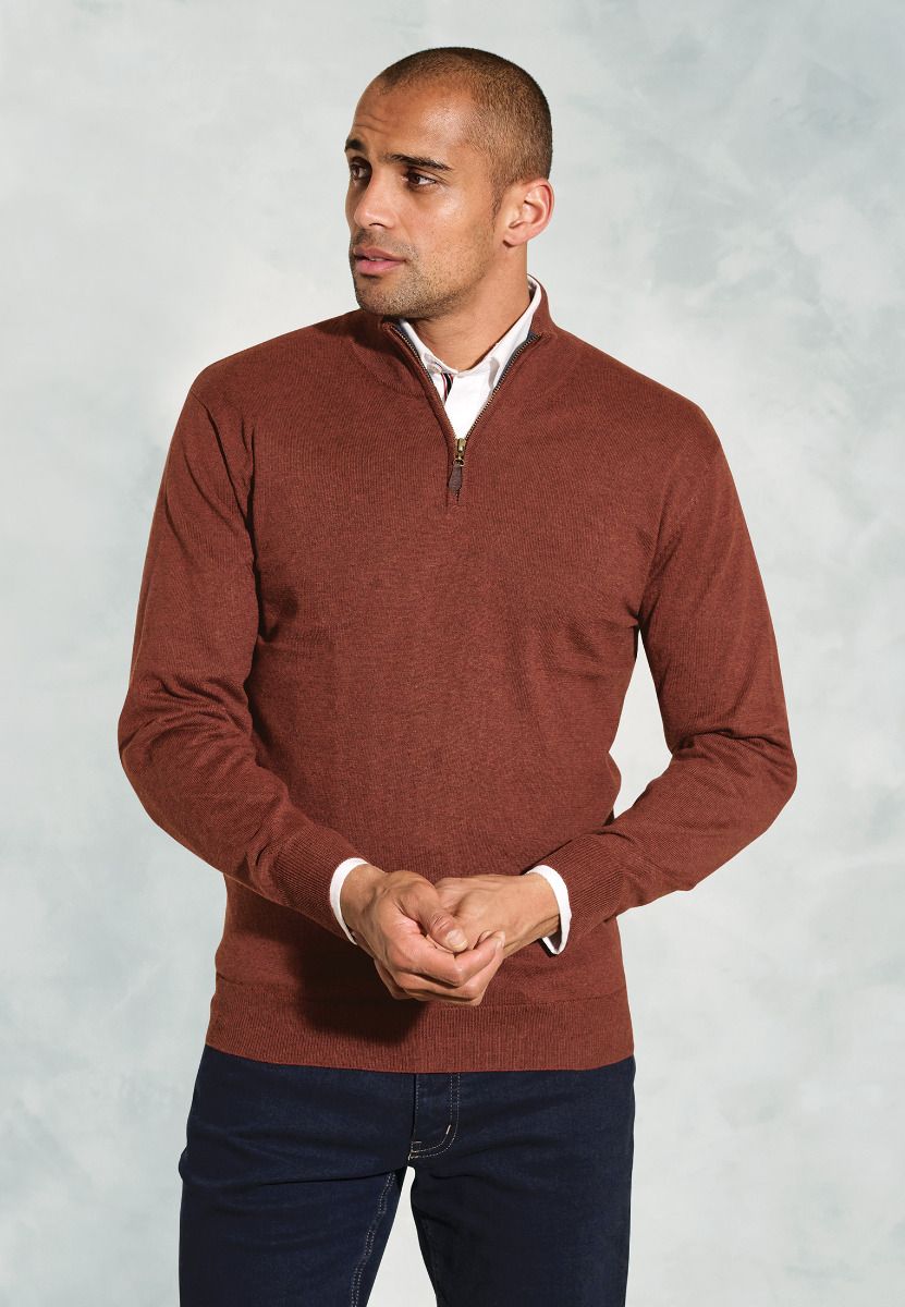 Kirby Rust Cotton Thermolite® Zip Neck Jumper for Men - Warm Winter Pullover Sweater for Outdoor Activities & Casual Wear