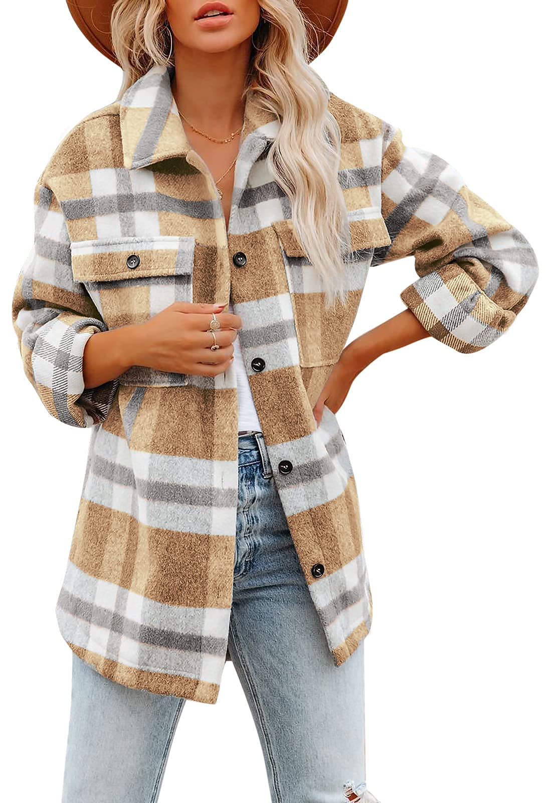 Women's Flannel Plaid Shacket Jacket - Button Down Lapel Long Sleeve Pocketed Oversized Top | Casual Fall Winter Layering, Outdoor Hiking, Streetwear Fashion
