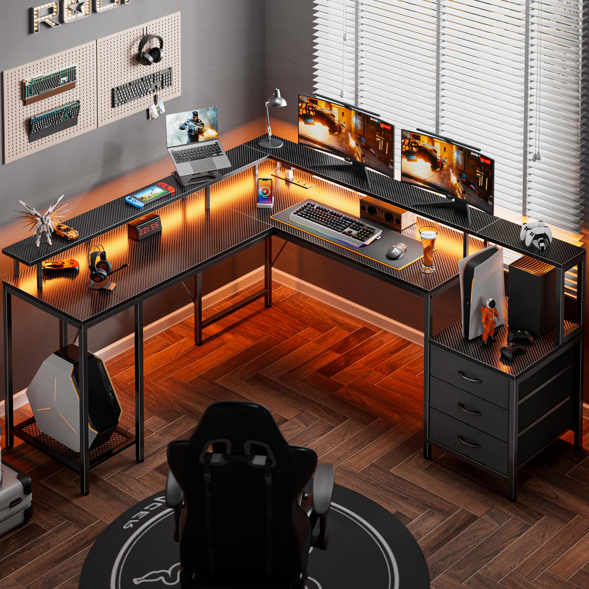 Huuger 66.1 Inch L-Shaped Gaming Desk with LED Lights & Power Outlets - Carbon Fiber Black Computer Corner Desk with Drawers, Large Storage & Printer Stand for Home Office | Perfect for PC Gaming Setup, Workstation & Small Space Solutions