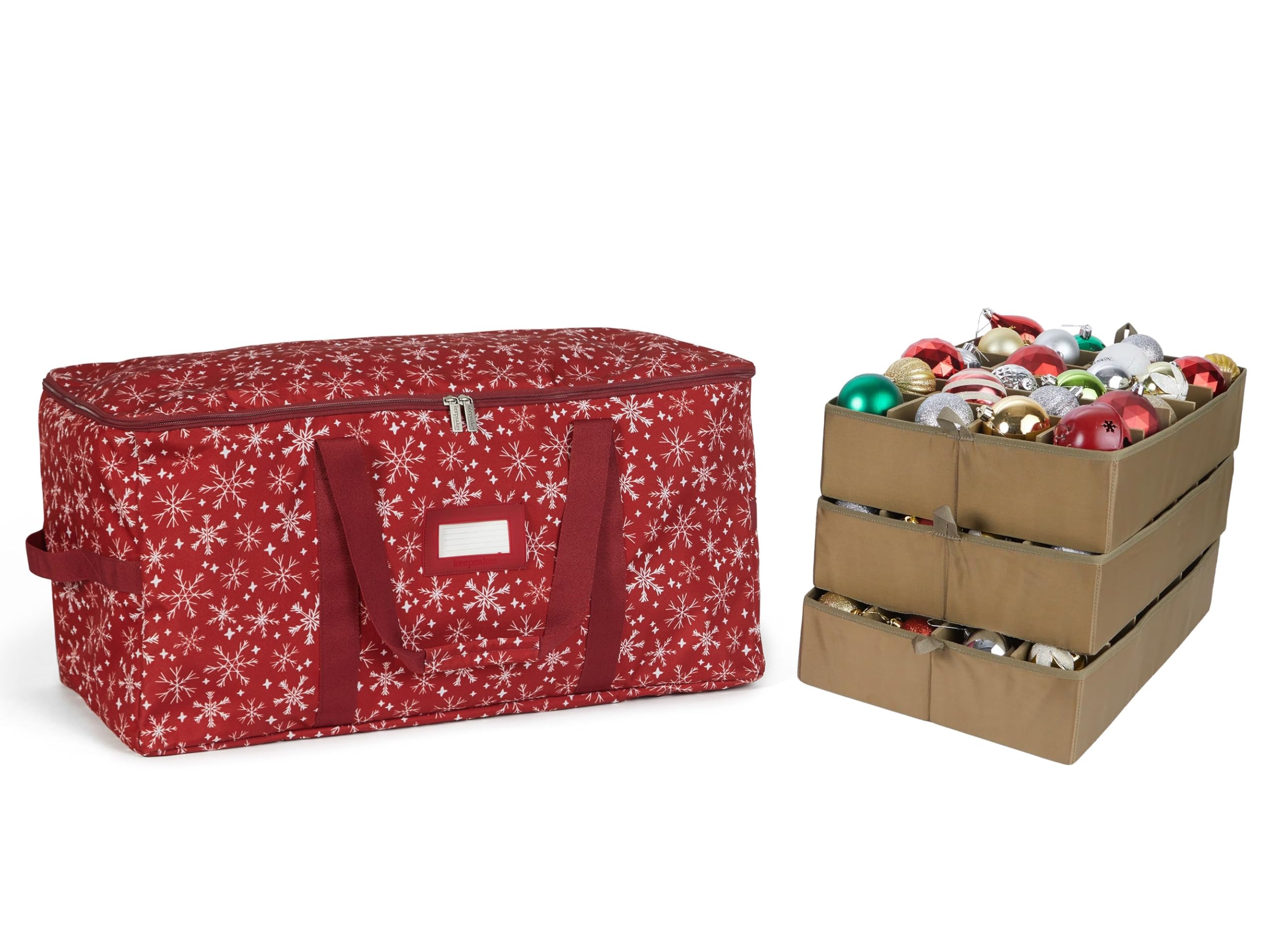 Covermates Keepsakes Adjustable Christmas Ornament Storage Bag with Handles & Padded Protection - Holiday Decor Organizer for Delicate Tree Decorations (Red Snowflake Design)
