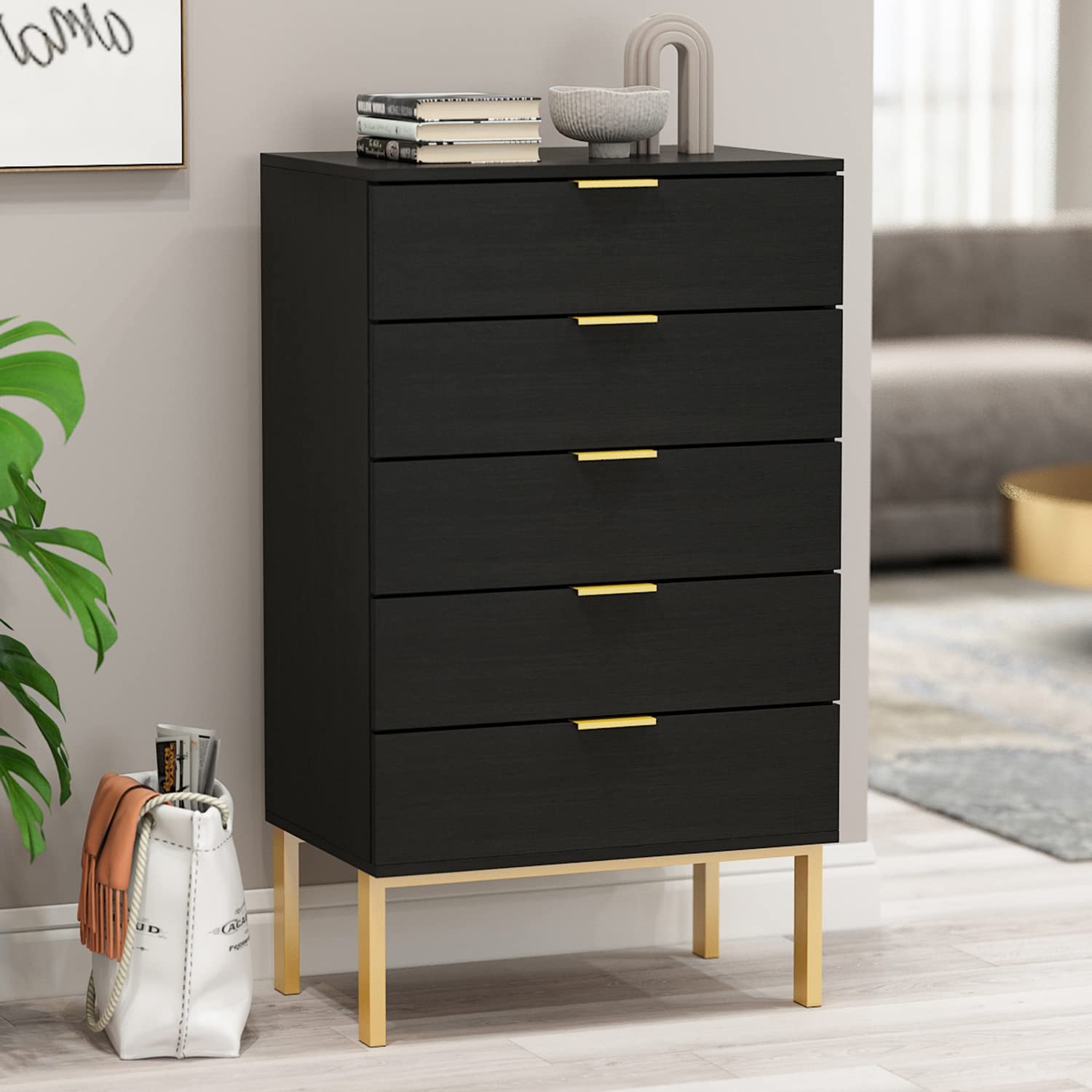 Modern 5-Drawer Dresser with Metal Legs - Wooden Storage Chest for Bedroom & Living Room - Black (23.6”L x 15.7”W x 41.1”H) - Perfect for Small Spaces, Apartment Furniture & Home Organization