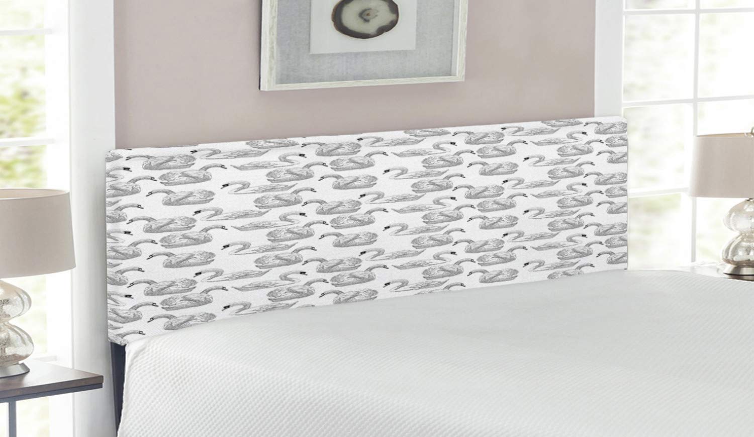 Ambesonne Swan Headboard - Elegant Sketch Art of Swimming Waterfowls, Upholstered Metal Bed Frame with Memory Foam, Queen Size Black & White - Perfect for Master Bedroom & Guest Room Decor