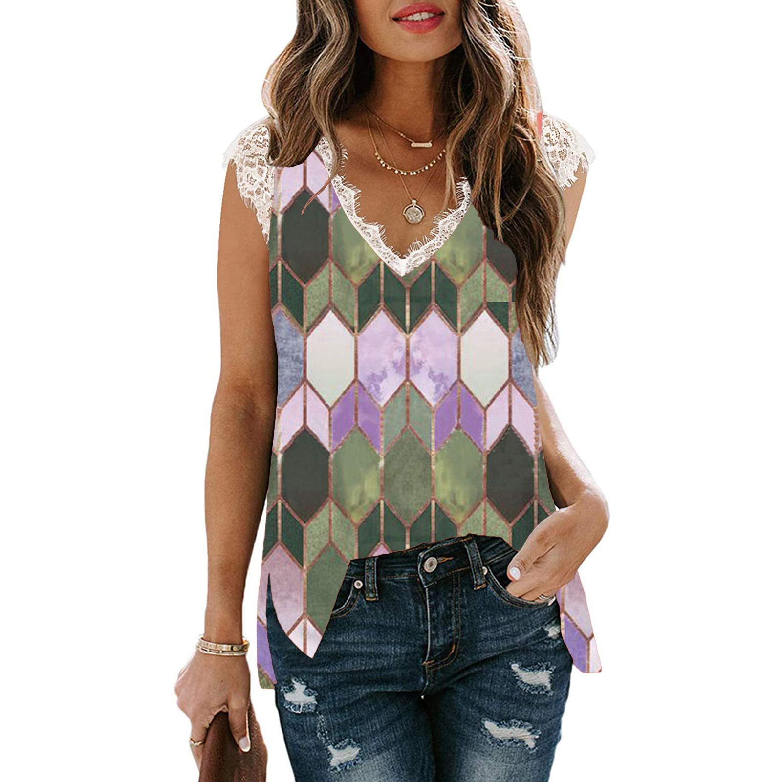 FMCHICO Women's Sexy V-Neck Lace Trim Tank Top - Dressy Camisole Blouse for Casual Wear, Loose Sleeveless Shirt for Summer, Party, and Date Night Outfits