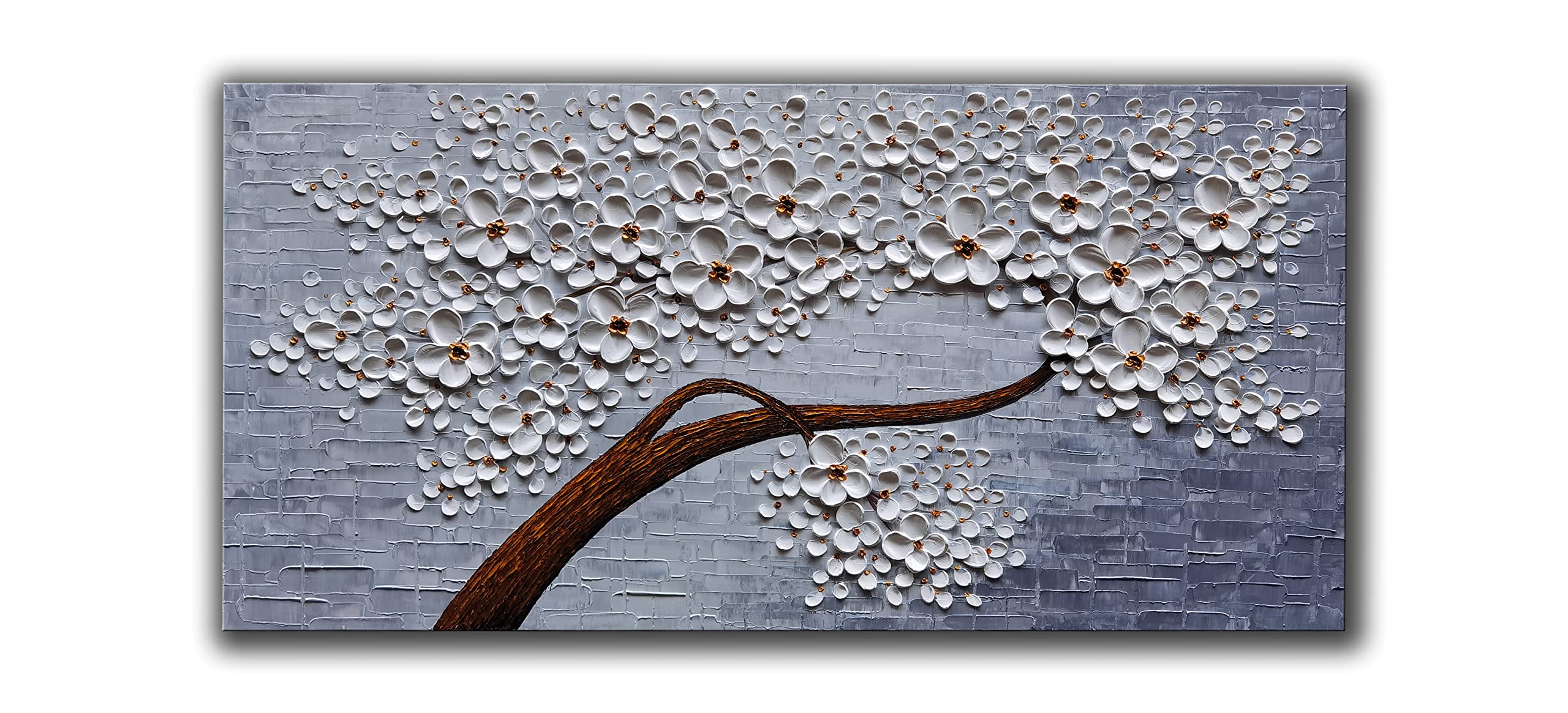 Hand-Painted Oil Painting on Canvas - White Flowers Tree Modern Wall Art Decor, 3D Texture Palette Knife Painting, Ready to Hang 24x48 Inch - Perfect for Living Room, Bedroom, Office & Gift Giving