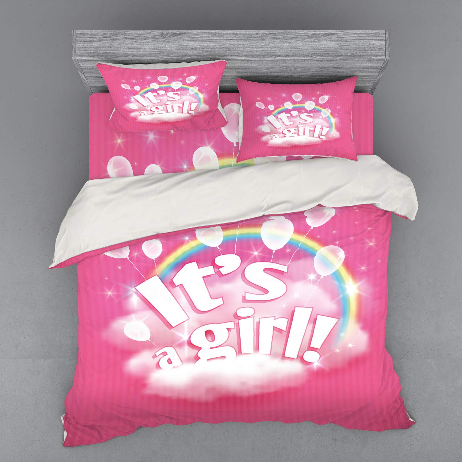 Ambesonne Pink Bedding Set - Modern Striped Blush Duvet Cover with Cloudy Rainbow & Balloon Design, 3-Piece King Size Set Includes Sham & Fitted Sheet | Perfect for Girls' Bedrooms, Guest Rooms & Boho Chic Home Decor