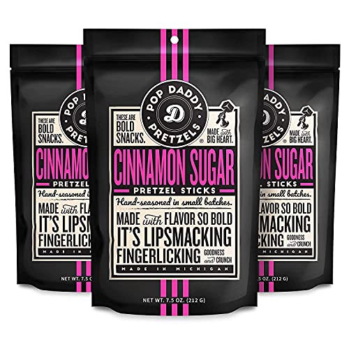 Pop Daddy Flavored Pretzel Sticks - Healthy Gourmet Snacks, 7.5oz Bags (3 Pack) - Cinnamon Sugar Flavor - Perfect for Office Snacks, School Lunches & Movie Nights