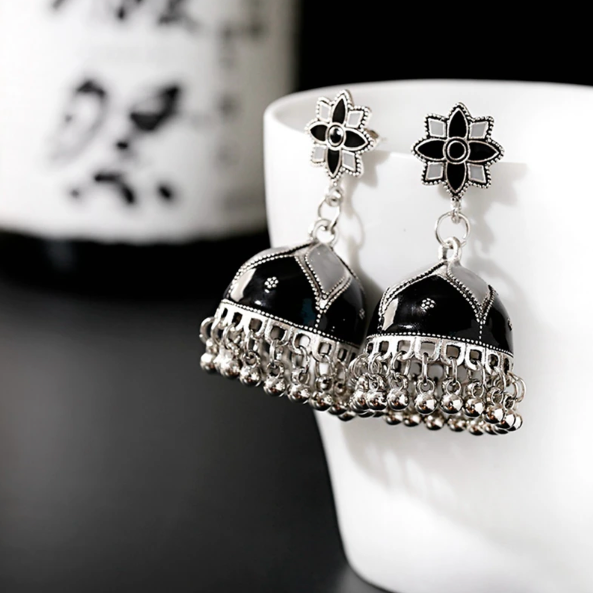Bohemian Floral Jhumka Earrings with Silver Tassels - Handmade Ethnic Indian Jewelry for Women (E905) | Perfect for Festivals, Weddings & Boho Fashion Accessories