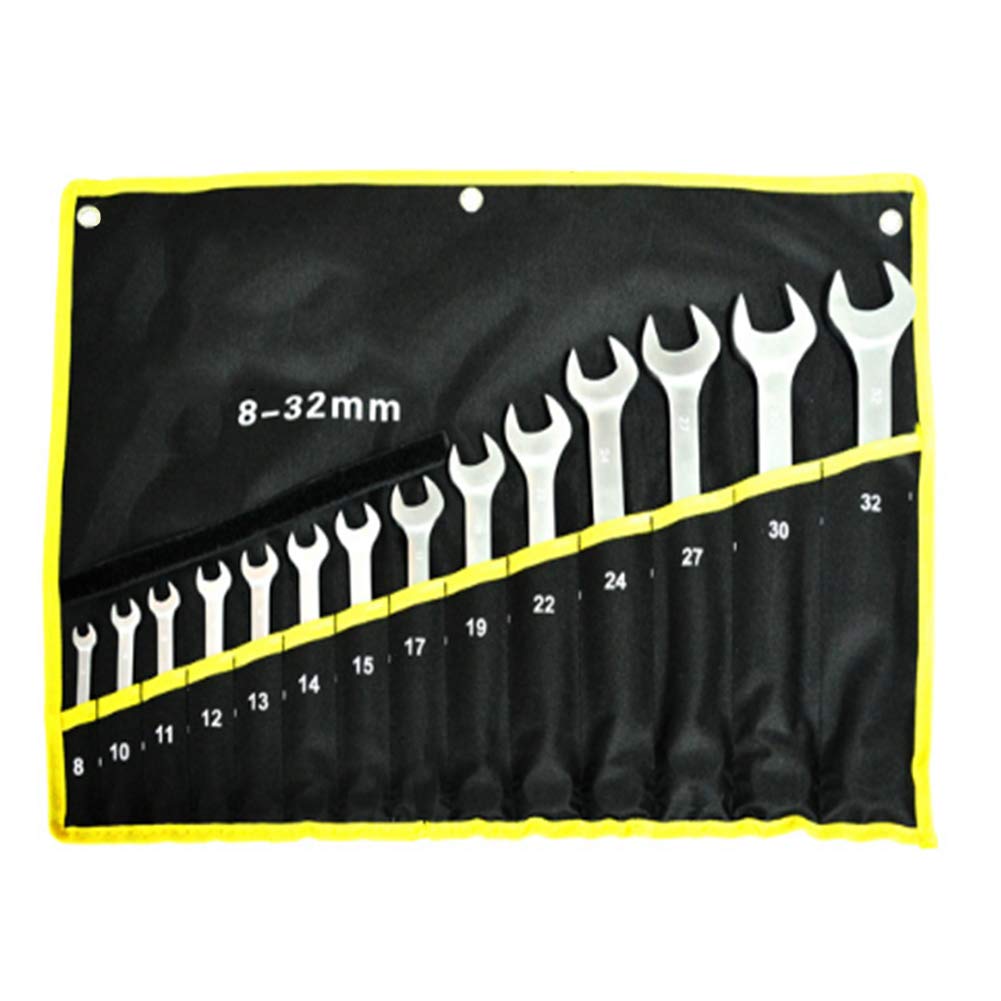 14-Piece Metric Combination Wrench Set (8-32mm) - Open End & Box End Spanner Tool Kit with Roll-Up Storage Pouch for Auto Repair, Garage & DIY Projects