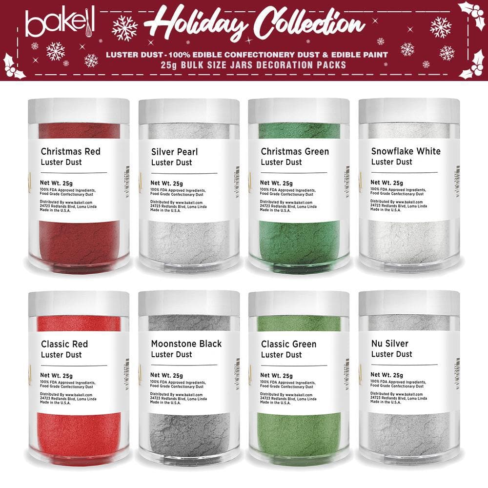 Christmas Collection Edible Luster Dust Combo Pack B - 8 Piece Set (25g Jars) for Cake Decorating, Cookie Art & Dessert Toppings