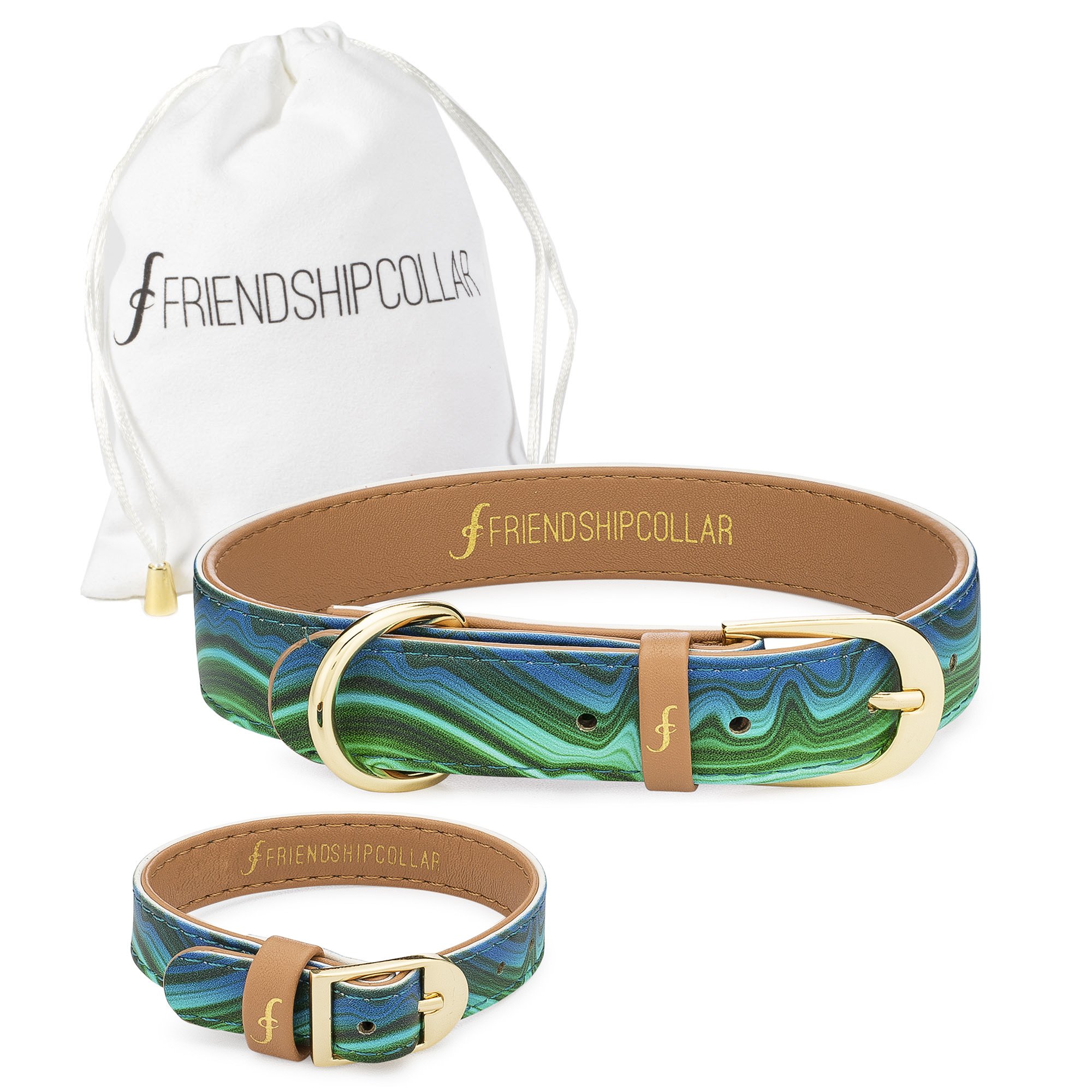 FriendshipCollar Dog Collar & Matching Bracelet Set - Magical Malachite Stone Design - XXX Small Size for Tiny Dogs - Perfect for Pet Lovers & Best Friend Gifts