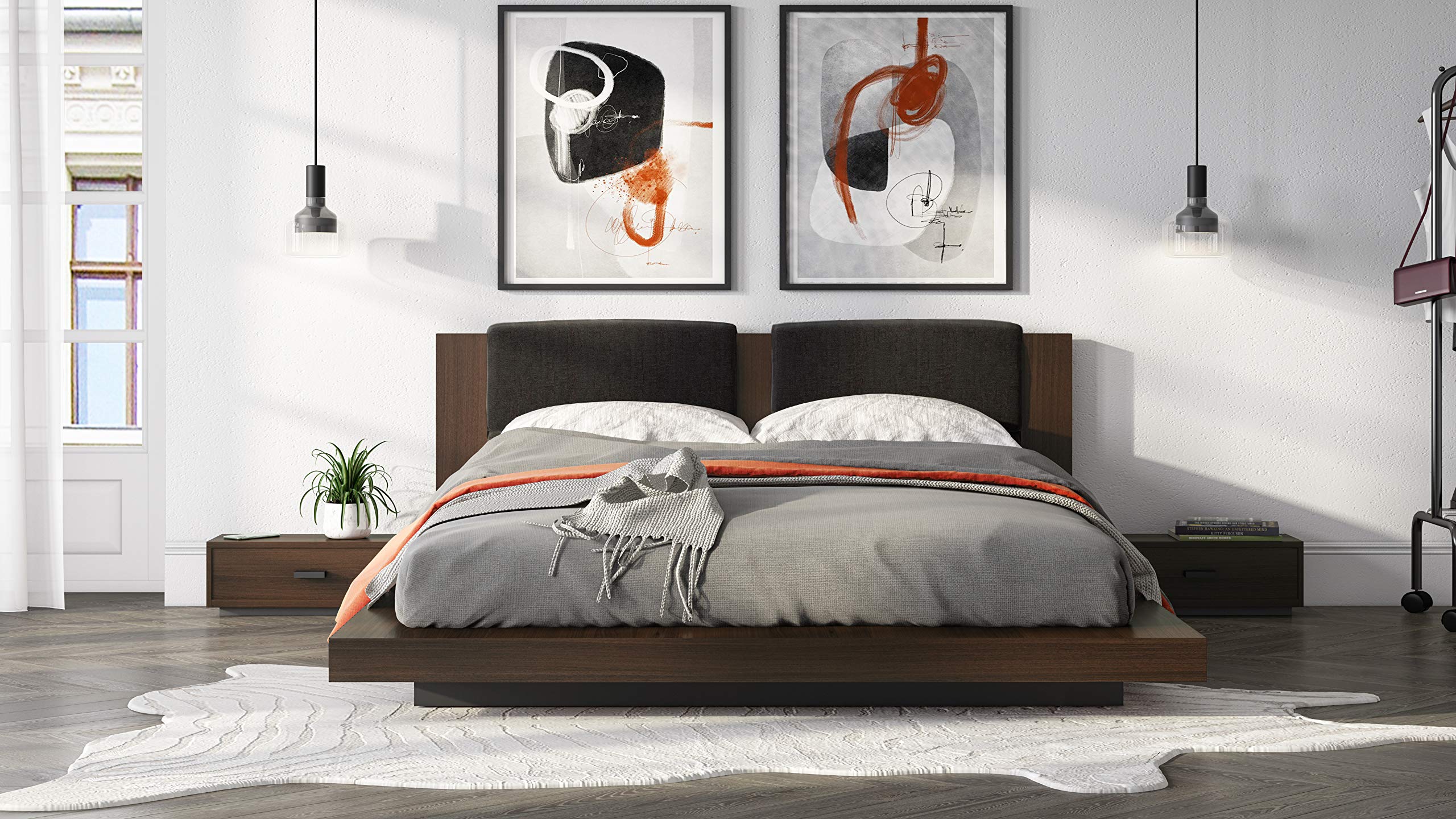 Limari Home Gerda Collection Modern Walnut Finish Dark Grey Polyester Upholstered King Bed Set with Nightstands - Black Metal Handles, Eastern King Size, Brown Wood - Perfect for Master Bedroom Decor & Contemporary Home Furnishing