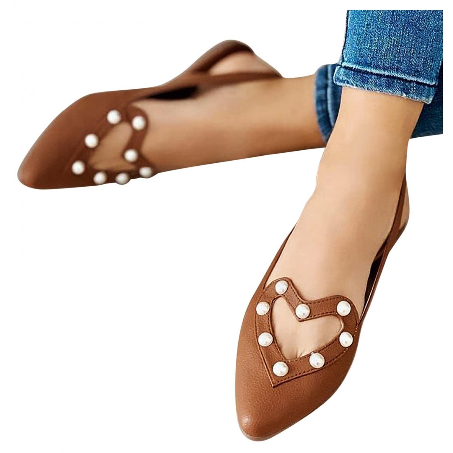 Women's Ballet Flats - Pointed Toe Heart Cutout Pearl Embellished Leather Slip-On Loafers | Comfortable Dress Shoes for Office, Walking & Driving | Perfect for Work, Commuting & Casual Outings