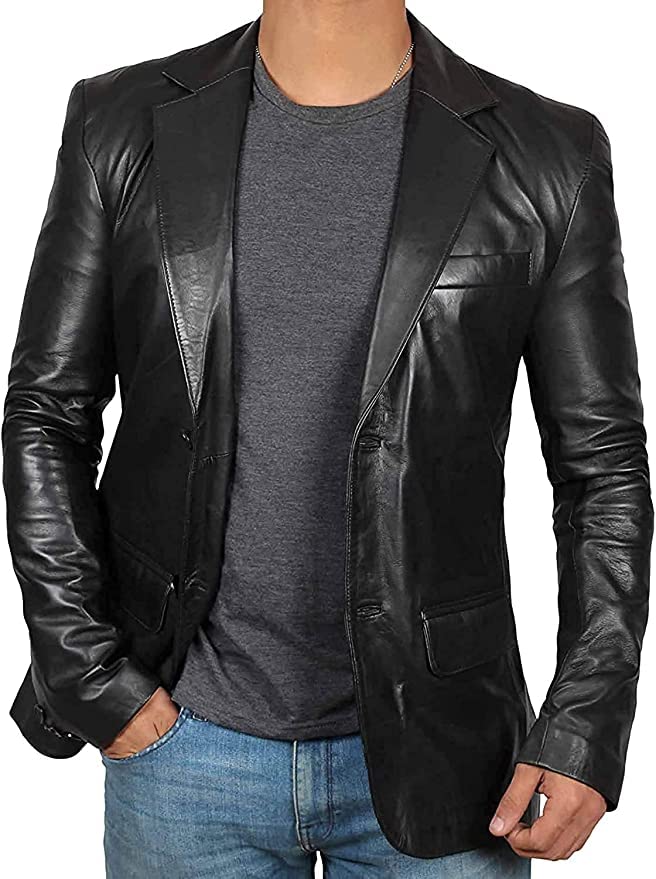 Premium Genuine Lambskin Leather Blazer for Men - Classic Black Casual Jacket for Business, Date Night & Outdoor Wear