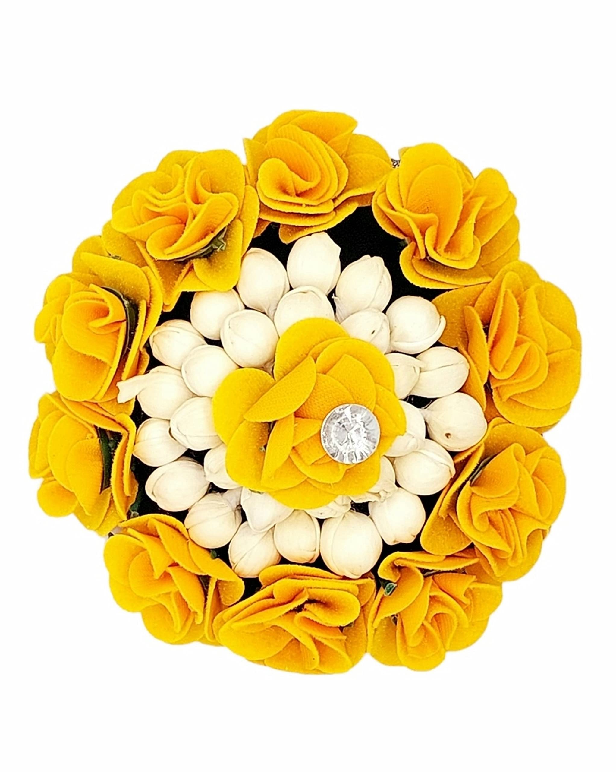 Yellow & White Artificial Flower Gajra Hair Accessories - Full Bun Juda Maker with Rubber Band for Women & Girls - Perfect for Weddings, Parties & Traditional Indian Hairstyles
