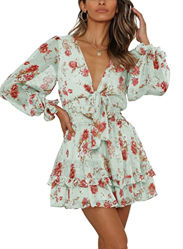 SySea Women's Summer Mini Dress - Tie Front V Neck Long Sleeve Ruffle Swing A-Line Dress for Wedding Guest, Party, Date Night & Special Occasions
