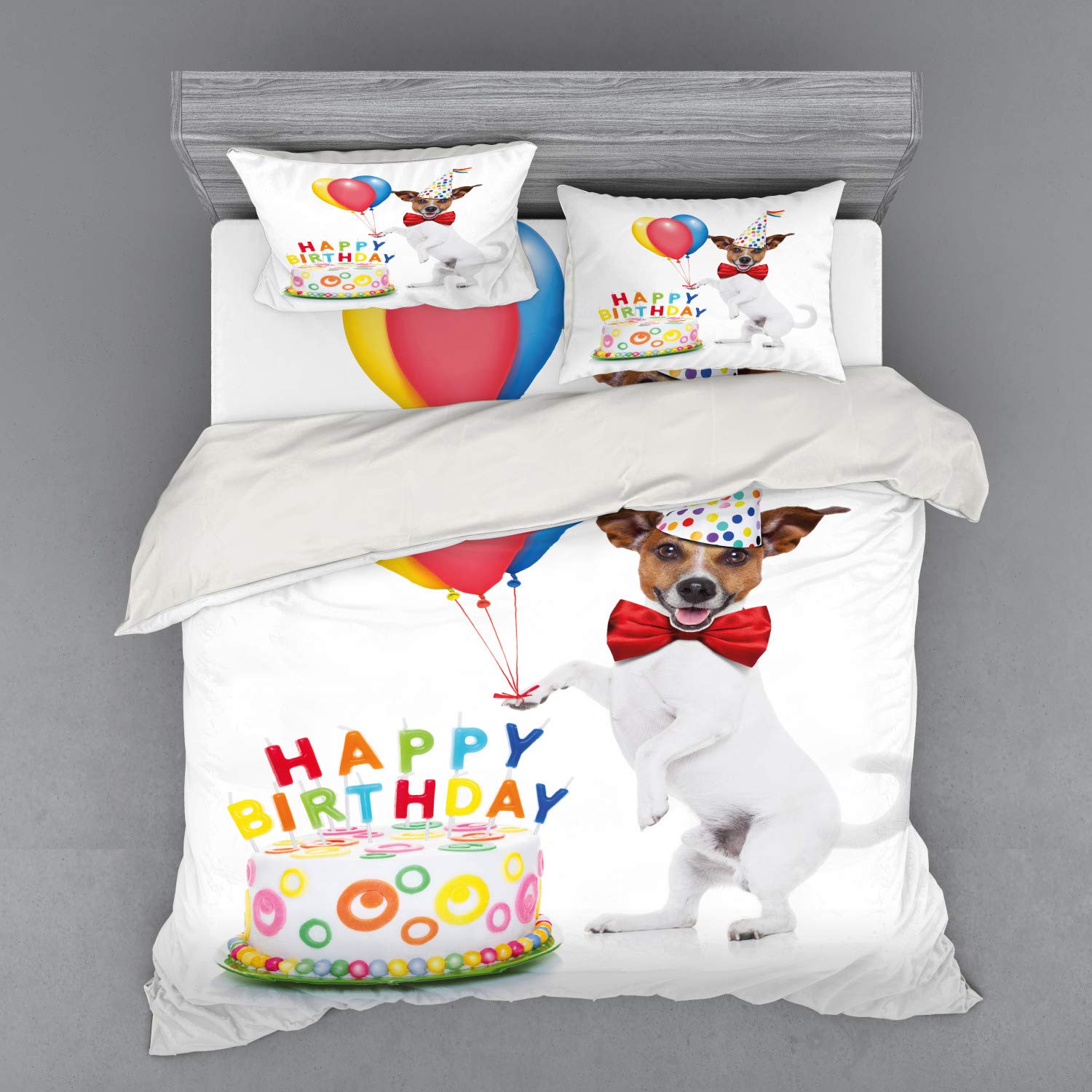 Ambesonne Birthday Party Duvet Cover Set - 4 Piece King Size Bedding with Shams & Fitted Sheet - Fun Celebration Dancing Dog with Cake & Balloons Print - Perfect for Birthday Decorations, Themed Bedrooms & Gift Ideas