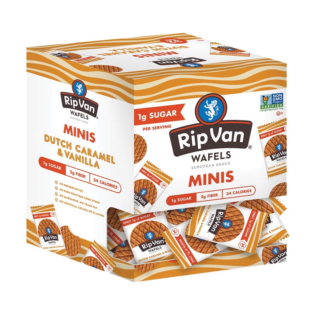 Rip Van Wafels Dutch Caramel & Vanilla Mini Stroopwafels - Low Carb Keto Snacks (3g Net Carbs, 1g Sugar) - Non-GMO, Gluten-Free, 35 Calories Per Wafel - Perfect for Office, Travel & On-The-Go Snacking - 128 Count Pack