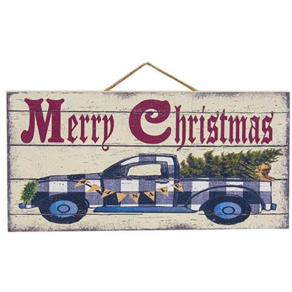 Plaid Christmas Truck Hanging Sign - Rustic Holiday Wall Decor for Home, Office & Gifts - Perfect for Christmas Tree, Fireplace & Front Door Decorations