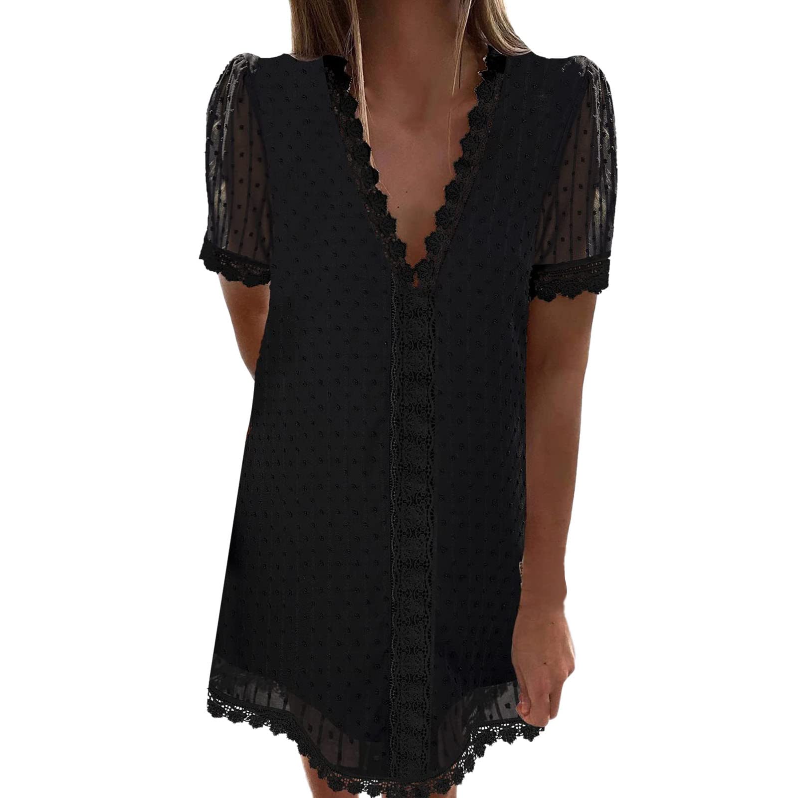 Women's White Chiffon Dot Lace Summer Dress - V Neck Short Sleeve Casual Mini Dress for Women | Perfect for Beach Vacations, Date Nights & Summer Parties