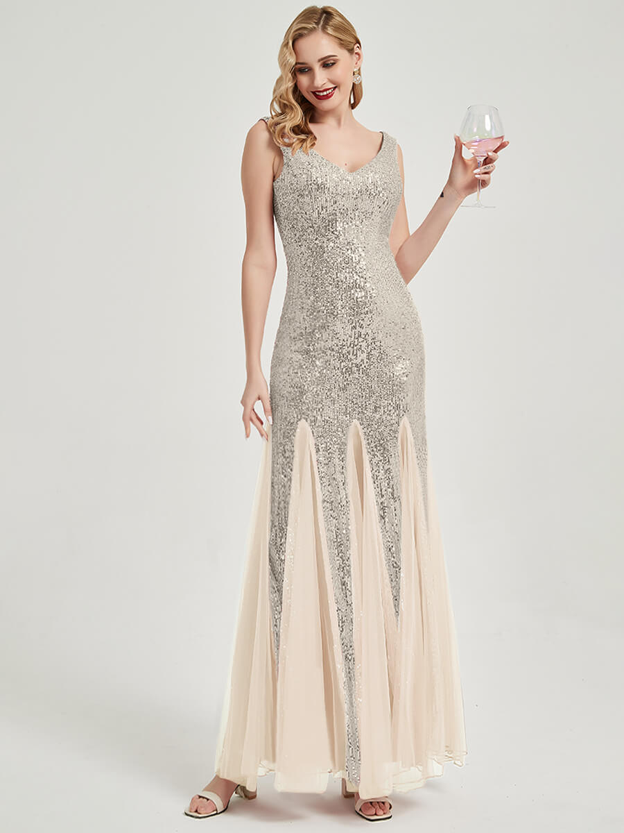 Elegant Apricot Grey Sequin Tulle V-Neck Sleeveless Mermaid Maxi Evening Dress for Prom, Wedding, Gala & Special Occasions