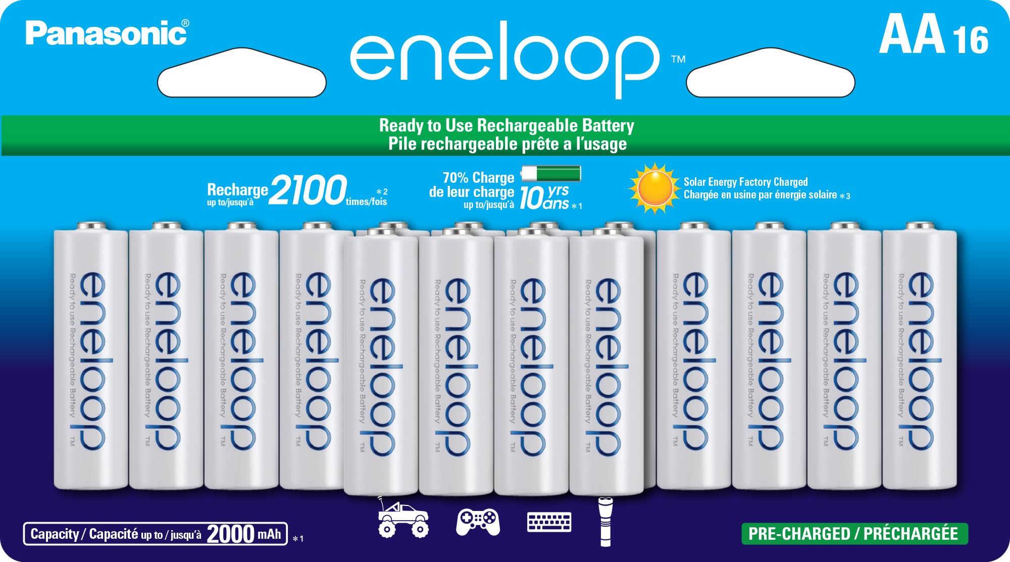 Panasonic Eneloop BK-3MCCA16FA AA 2100 Cycle Ni-MH Rechargeable Batteries (16-Pack) - Pre-Charged, Long-Lasting Power for Cameras, Toys, Flashlights & Electronics