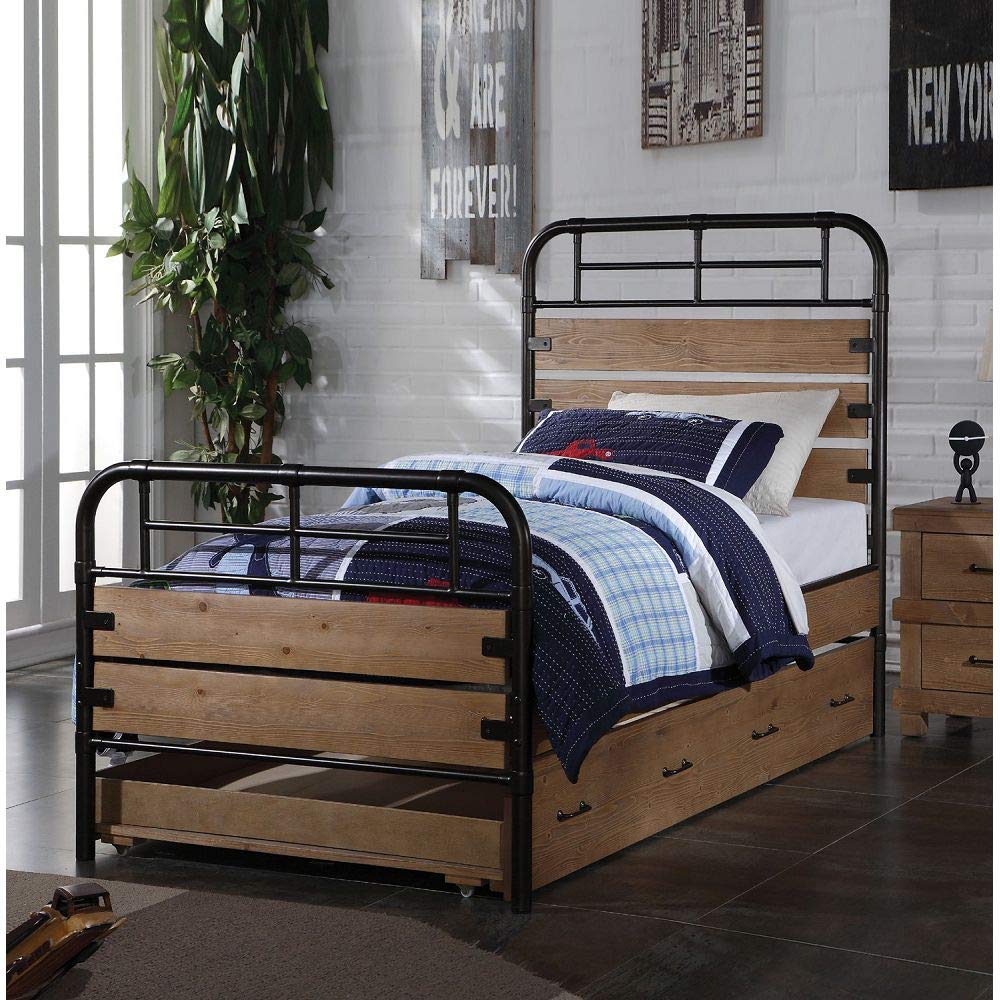 JHSDFOUIH Twin Bed Frame in Antique Oak & Gunmetal Finish - 30610T - Perfect for Kids Rooms, Guest Bedrooms & Small Spaces