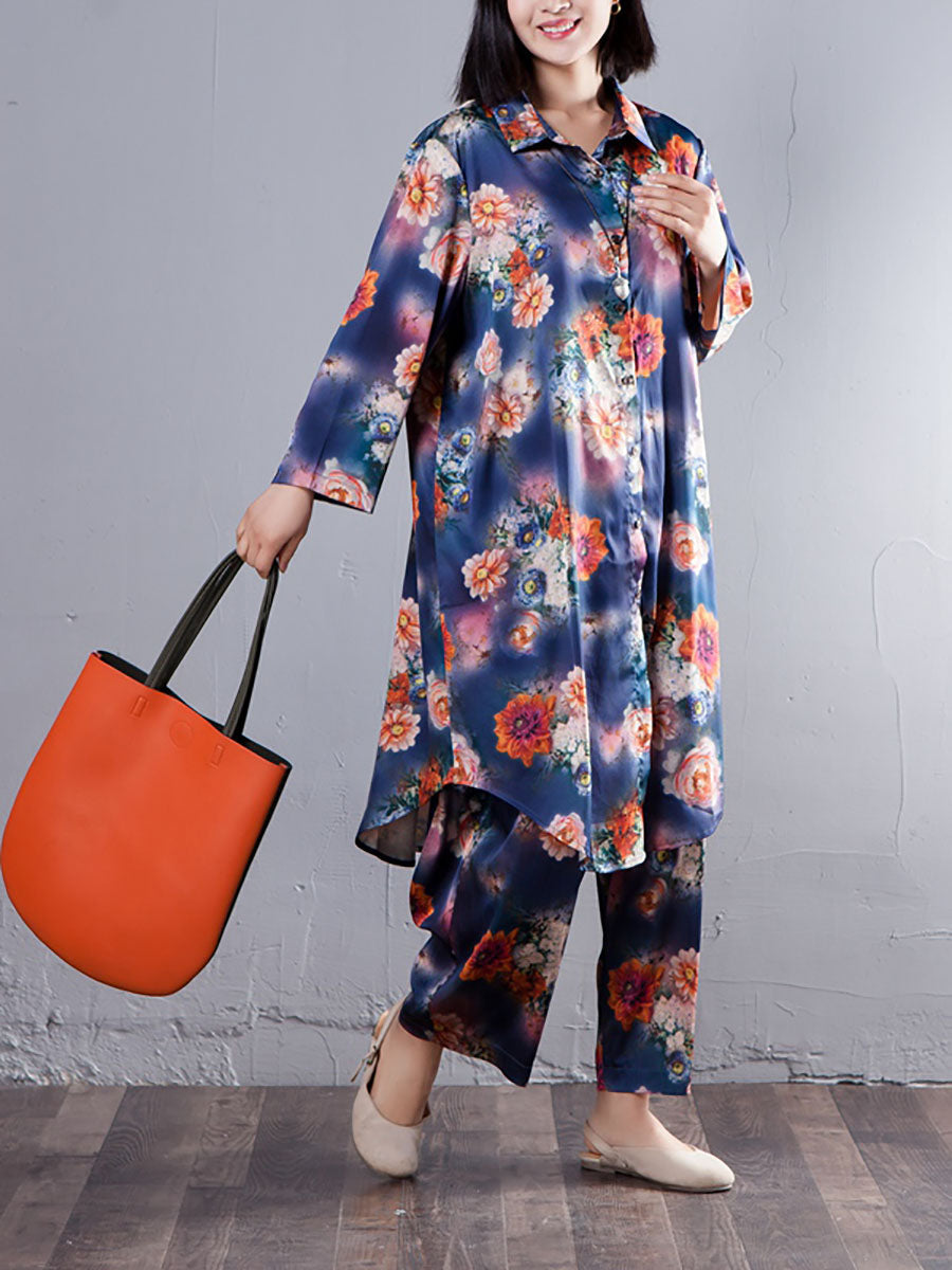 Plus Size Women's Spring Suit Set - Single Breasted Blouse & Floral Printed Pants | Office Wear & Business Casual Outfits
