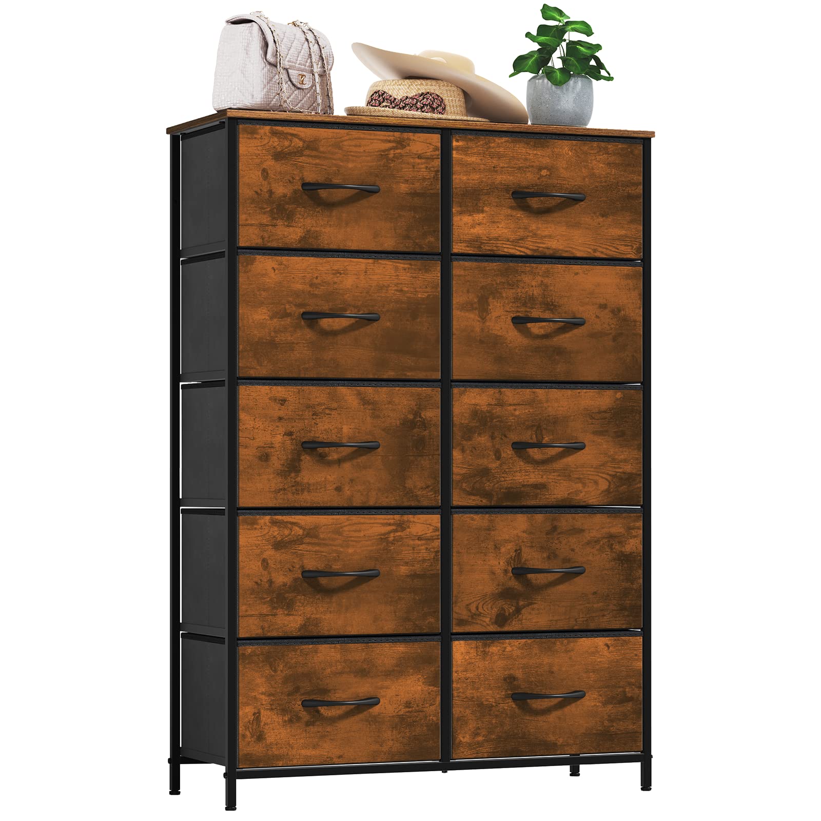Maxtown 10-Drawer Fabric Dresser Organizer with Wood Top - Rustic Brown Chest of Drawers for Bedroom, Hallway, Entryway & Closet Storage | Space-Saving Furniture for Small Apartments & Dorm Rooms