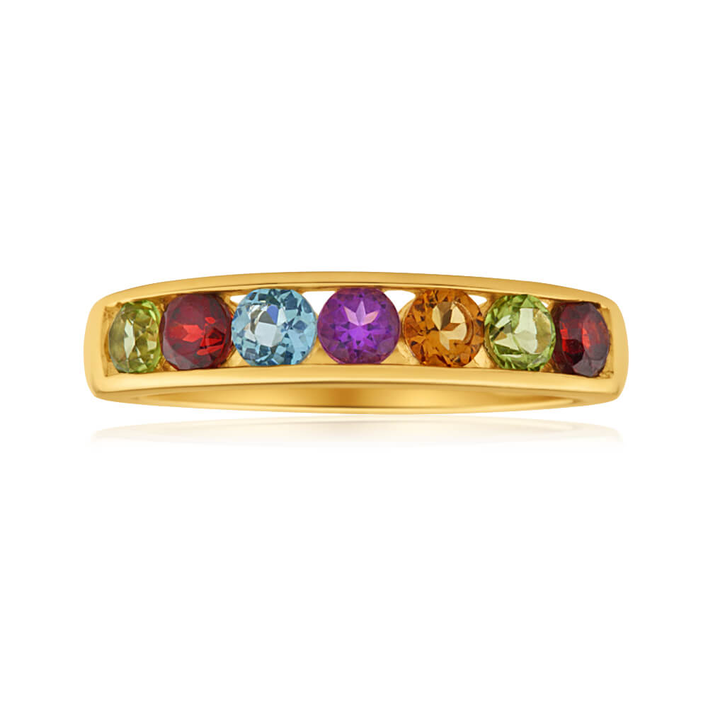 9ct Yellow Gold Amethyst Blue Topaz Citrine Garnet Peridot Birthstone Ring - Elegant Stackable Jewelry for Women, Perfect Gift for Birthday, Anniversary & Special Occasions