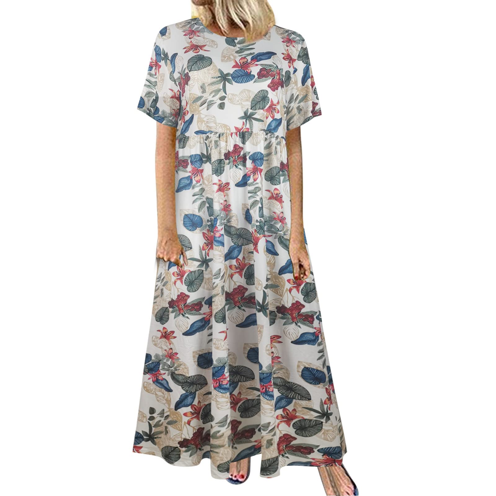Women's Floral Print Maxi Dress with Pockets - O Neck Long Summer Dress for Casual, Beach & Vacation Wear