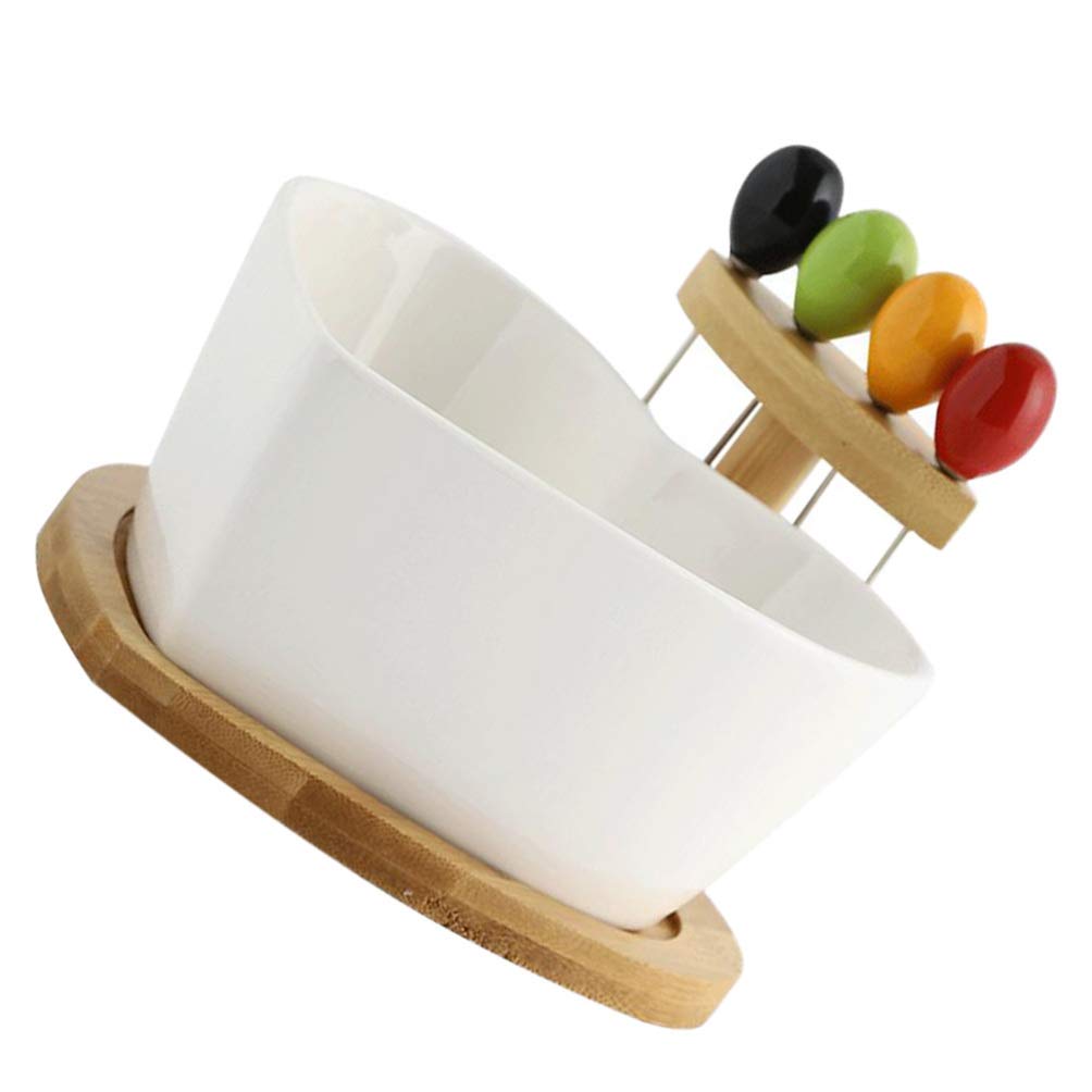 Heart-Shaped Ceramic Salad Bowl Set - Porcelain Dessert & Soup Bowls with Fruit Picks & Wooden Tray - Perfect for Appetizers, Salads, Snacks, Ice Cream, and Fruit Serving - Elegant Tableware for Parties, Picnics, and Home Dining