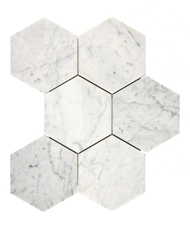 Premium Carrara White Gioia Marble 5-inch Hexagon Mosaic Tile - Perfect for Kitchen Backsplash, Bathroom Floor & Shower Wall Design