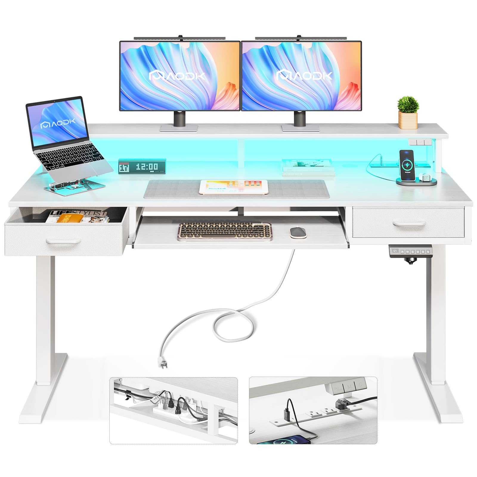 AODK 55 Inch Electric Standing Desk with Drawers & Keyboard Tray - Height Adjustable Gaming Desk with Power Outlets & LED Lights - Sit Stand Workstation with Monitor Stand for Home Office - White - Perfect for Remote Work, Gaming Setup & Ergonomic Workspaces