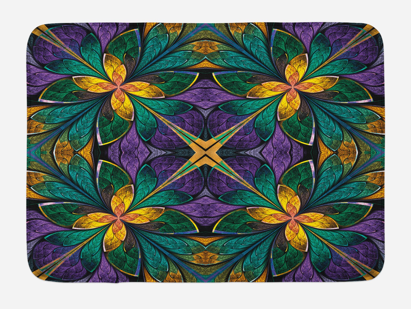 Ambesonne Fractal Bath Mat - Non-Slip Plush Bathroom Rug with Antique Ornate Symmetric Stained Glass Mosaic Floral Tile Pattern, 30.2