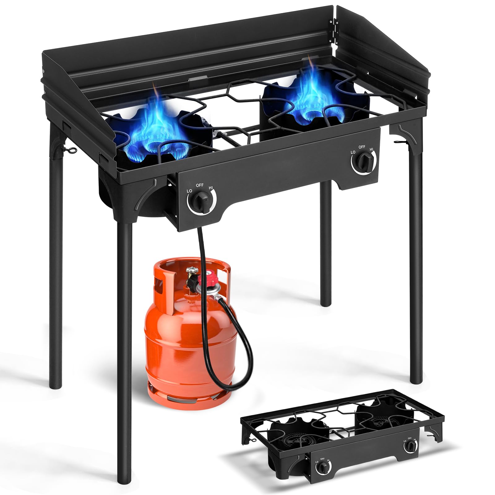 Outvita 2 Burner Propane Gas Stove - 150,000 BTU Outdoor Camping Stove with Windscreen & Detachable Legs - Perfect for Backyard BBQ, Turkey Frying, Baking & Picnic Cooking - Portable for RV, Tailgating & Emergency Preparedness