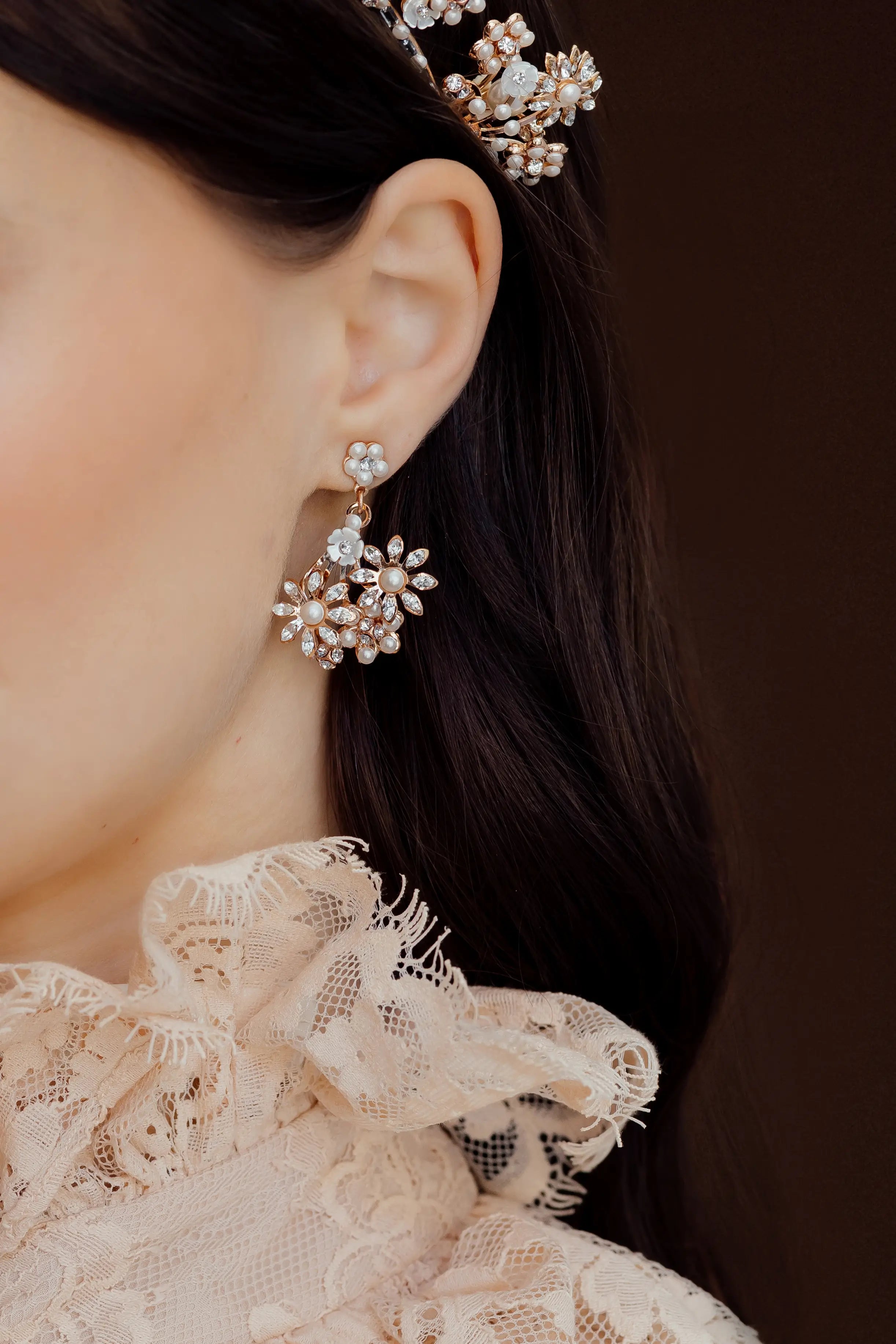 LUNE EN FLEURS Floral Dangle Earrings for Women - Elegant French Inspired Jewelry for Date Night, Wedding & Special Occasions