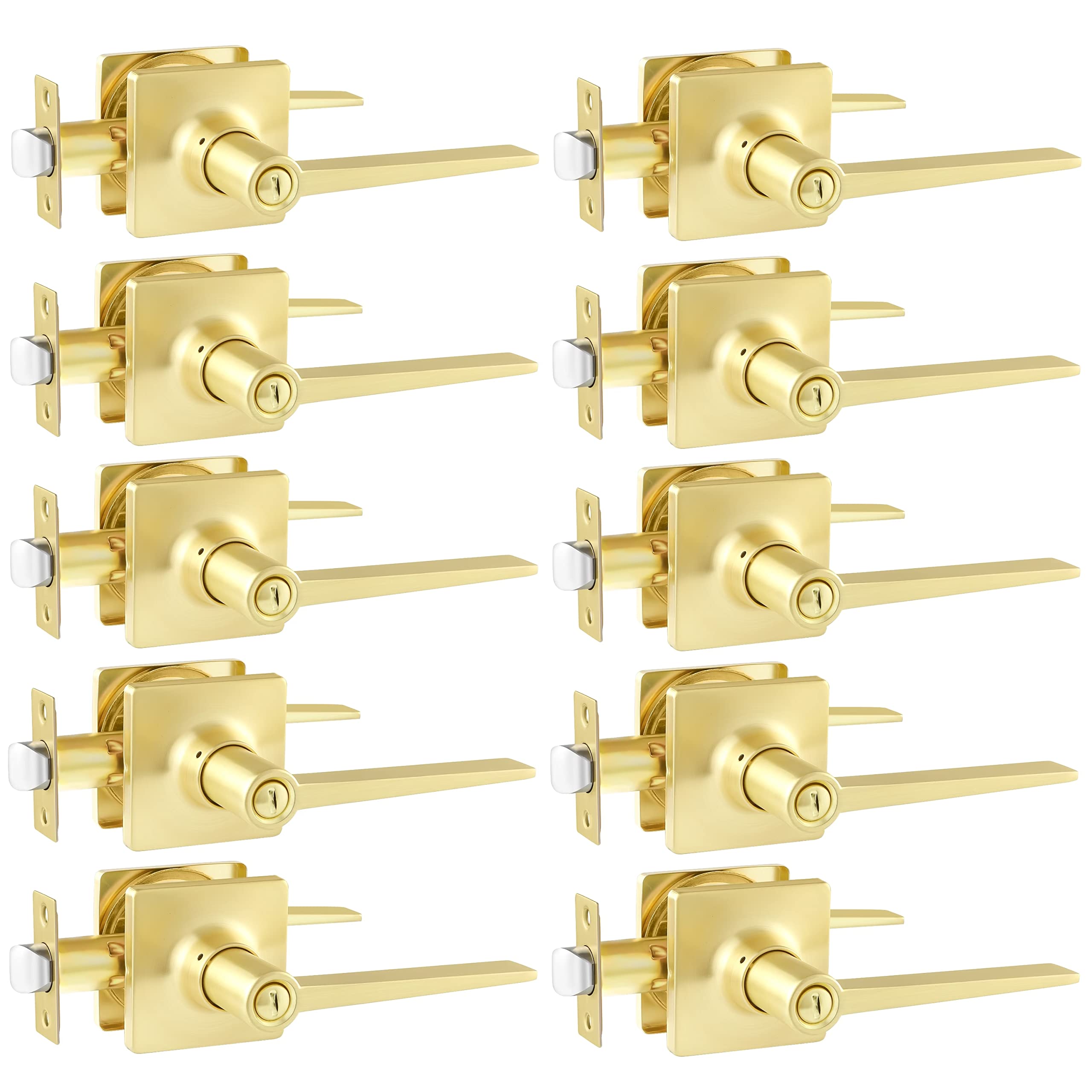 10-Pack Gold Square Privacy Door Handles - Reversible for Bedroom & Bathroom