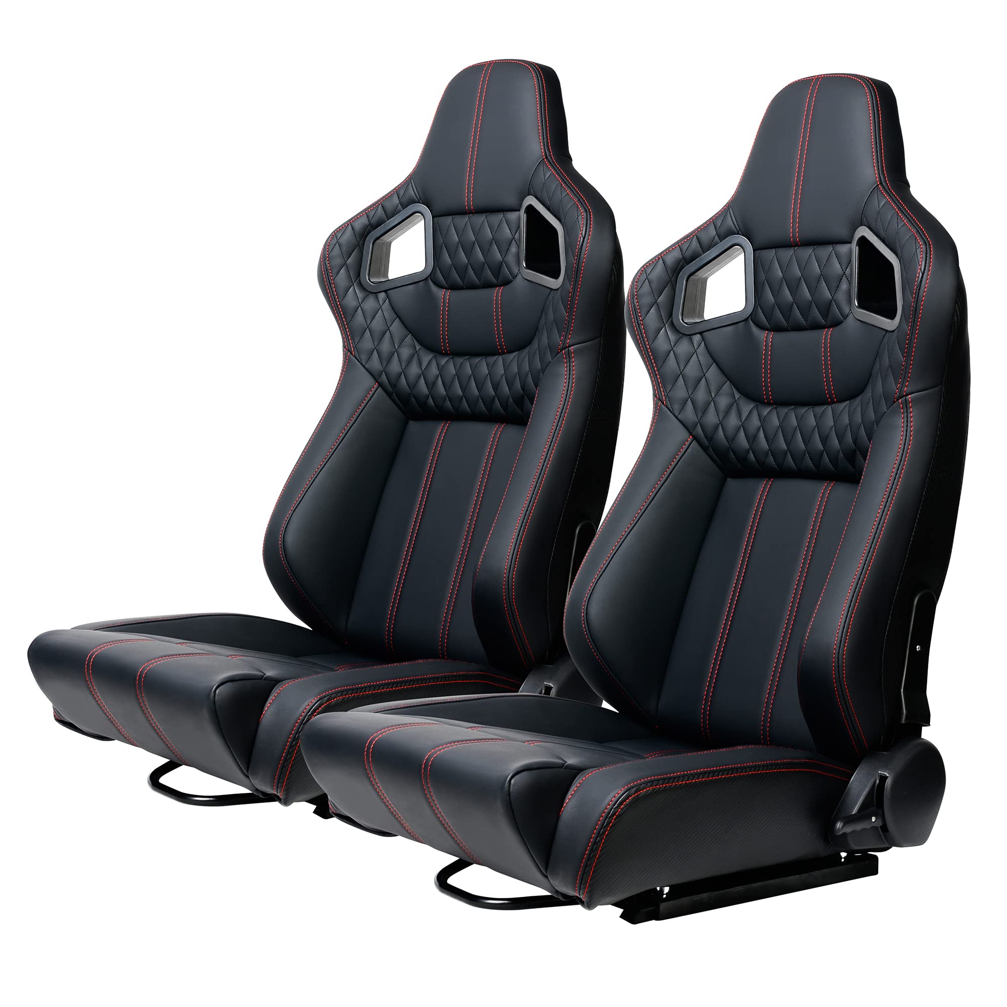 Premium Universal Racing Bucket Seats for Cars - 2PCS PVC Leather Reclinable Sports Seats with Dual Sliders (Black/Red Stitching) - Perfect for Track Racing, Drifting & Performance Driving