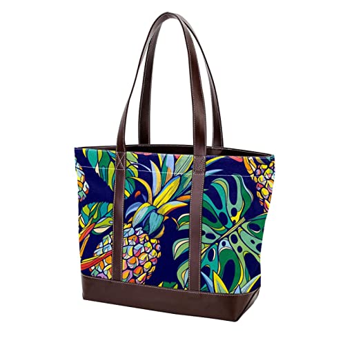 Floral Blue Leather Canvas Tote Bag for Women - Large Top Handle Shoulder Satchel Hobo Purse | Perfect for Work, Travel, Shopping & Beach Day Essentials