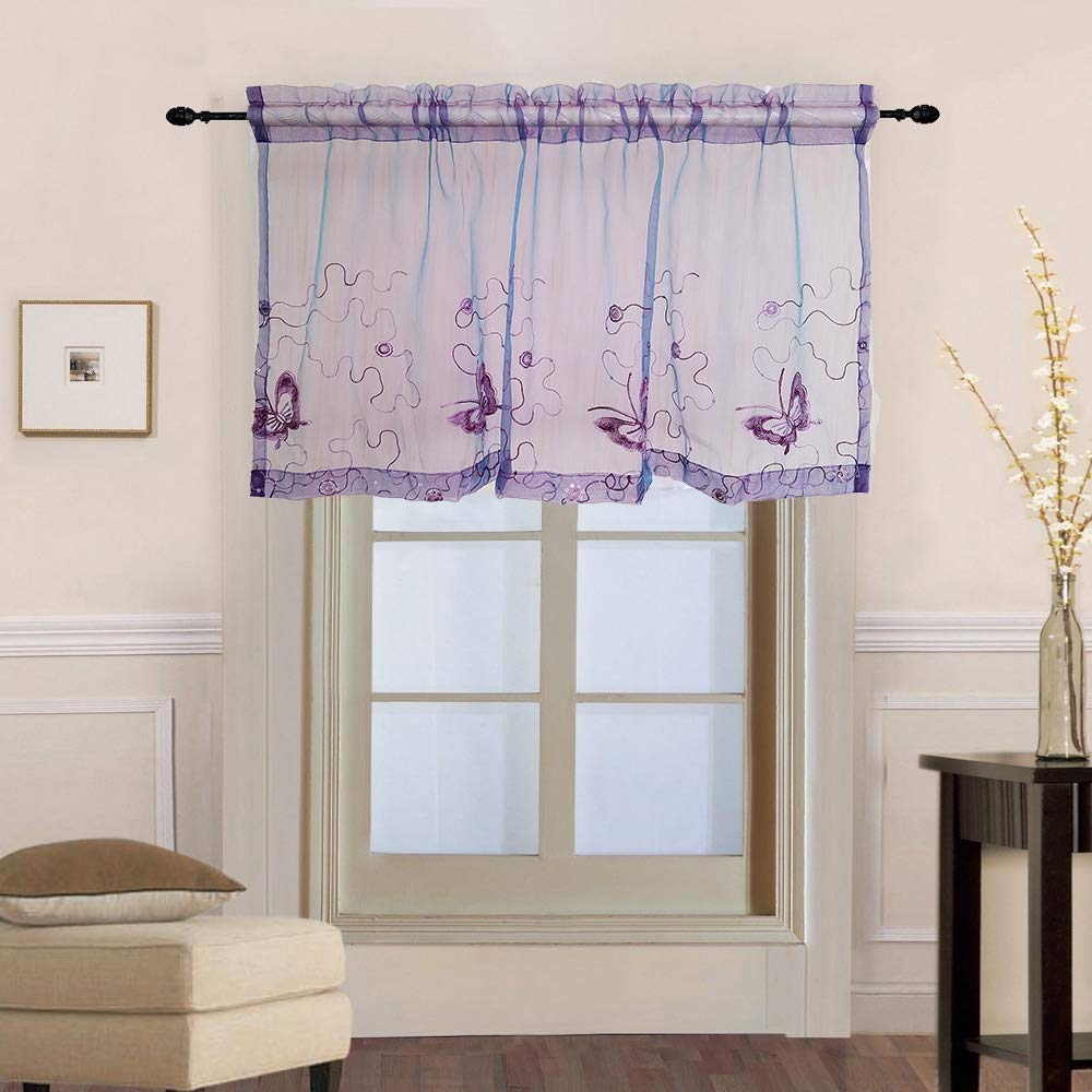 WPKIRA Purple Voile Kitchen Curtains with Embroidery Butterfly Design - Tier Rod Pocket Short Sheer Valance for Small Windows (39